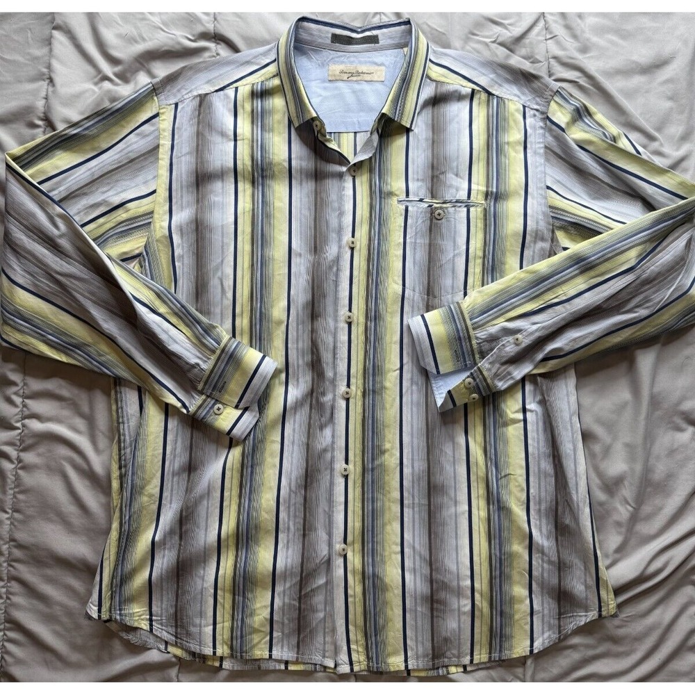 Tommy Bahama Shirt Blue White Yellow Stiped XL Long‎ Sleeve Cotton Silk Men's